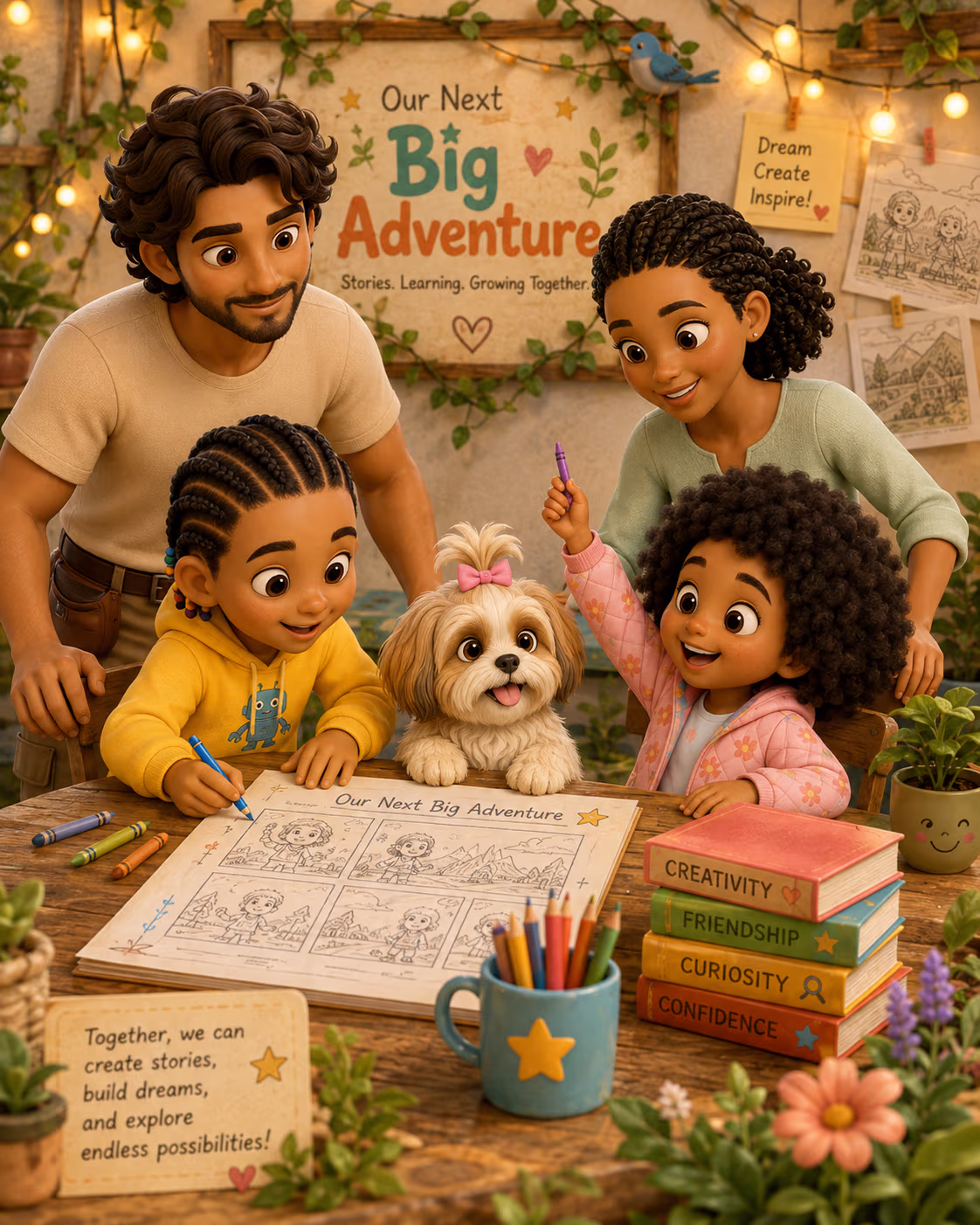 JoJo and Selah family gathered at the studio table working on stories, learning, and adventures together