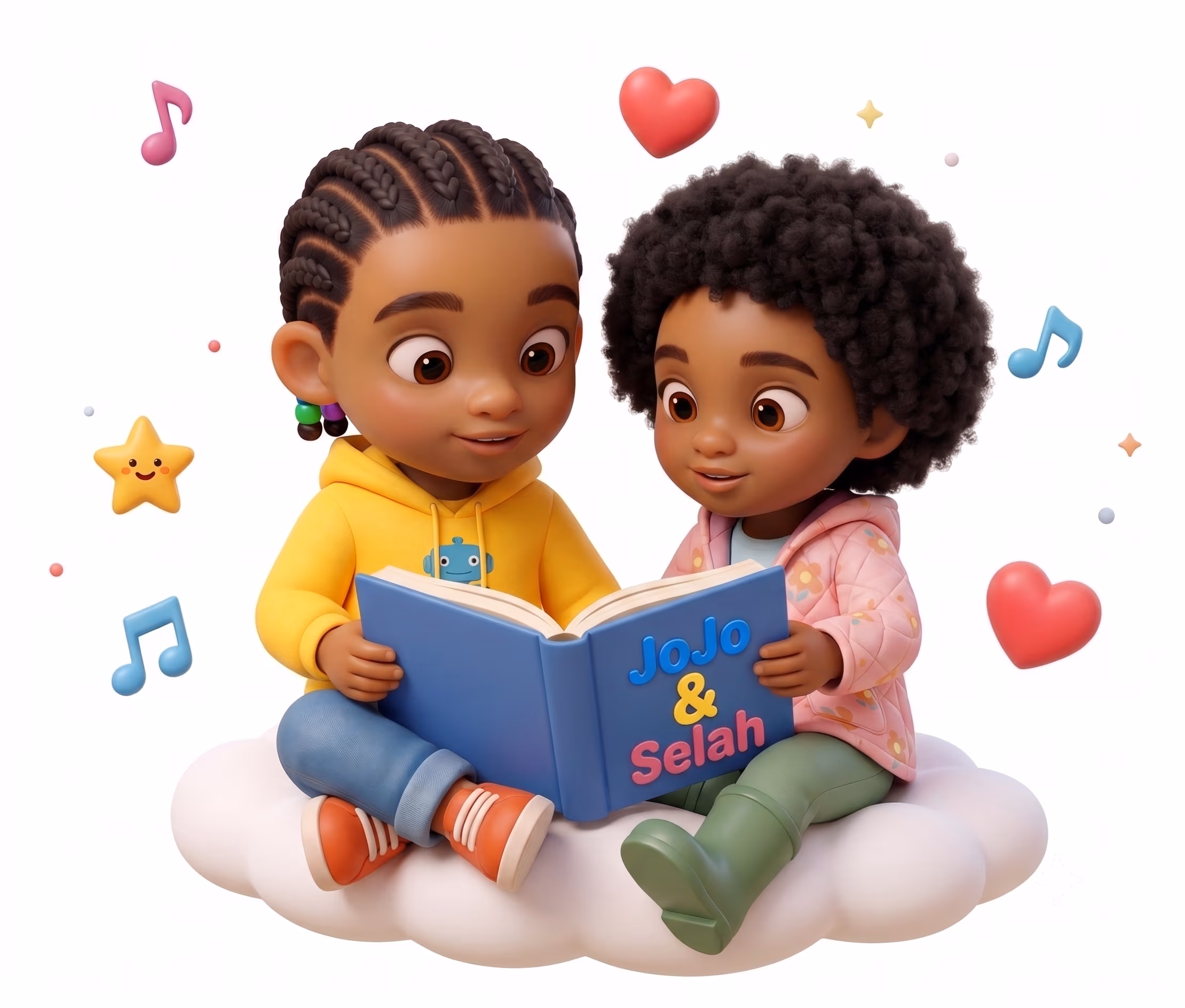 JoJo and Selah reading a book together on a cloud