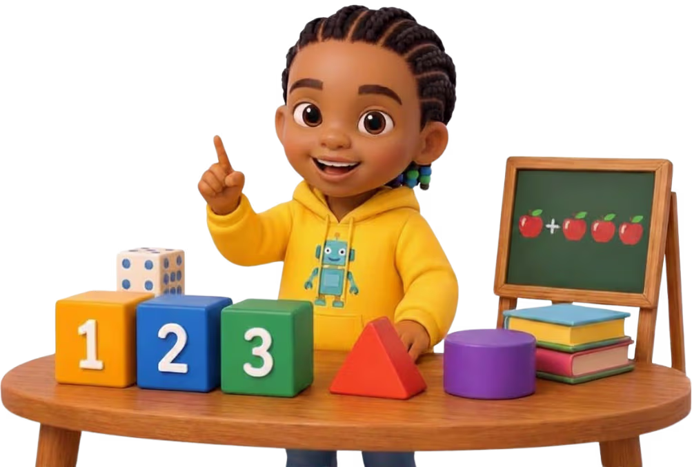 JoJo playing with math blocks, shapes, and numbers