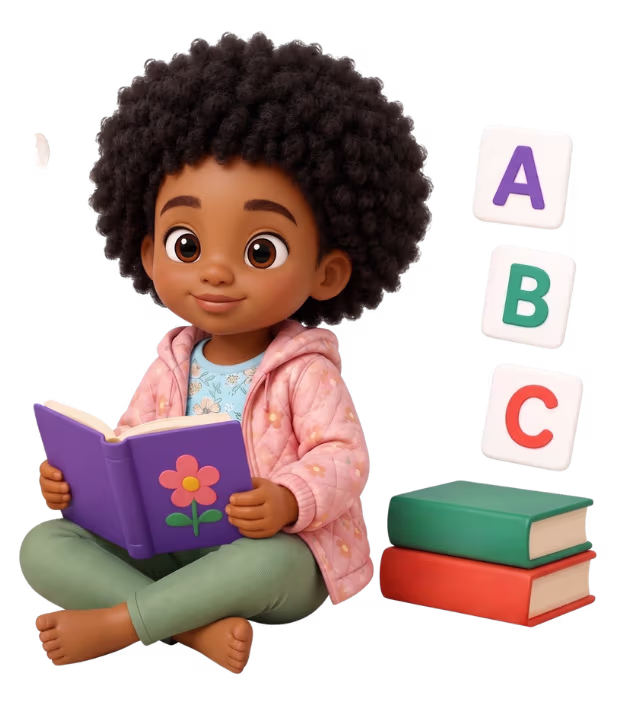 Selah reading a storybook with her puppy and word blocks