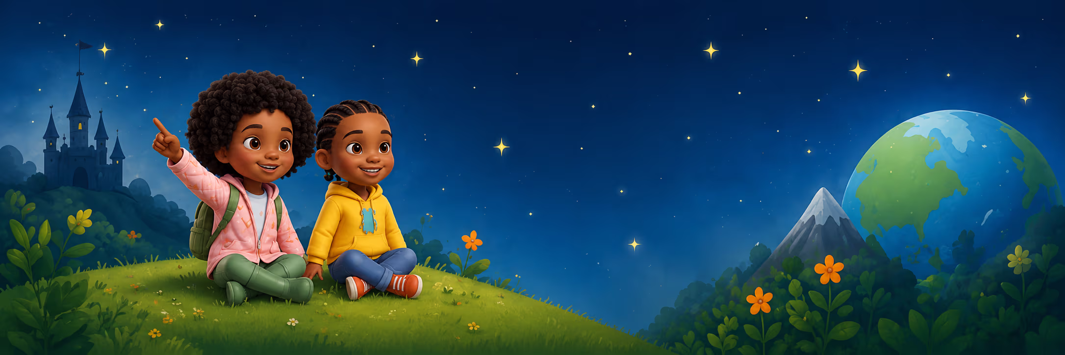 JoJo & Selah looking at starry sky with castle and earth globe